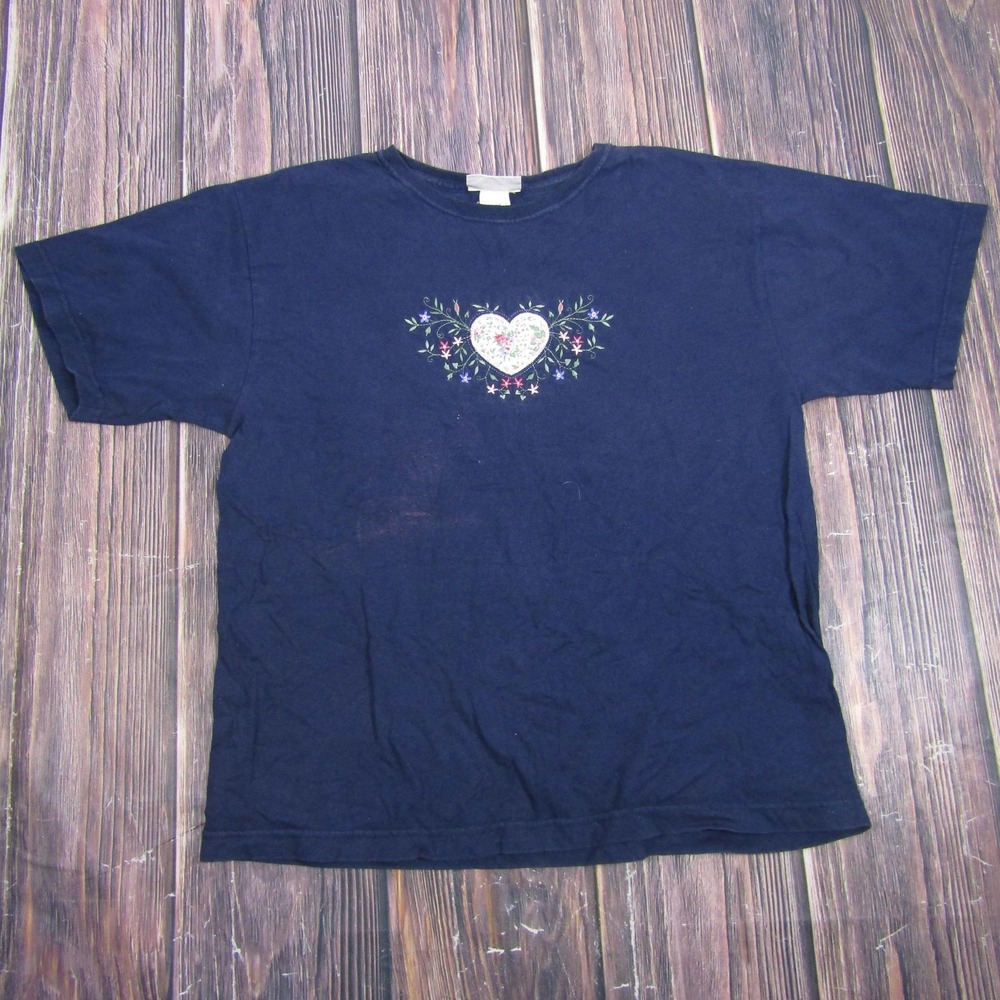 Day Breeze Womens‎ Large Blue Heart Floral Embroidered Tee T Shirt Top USA